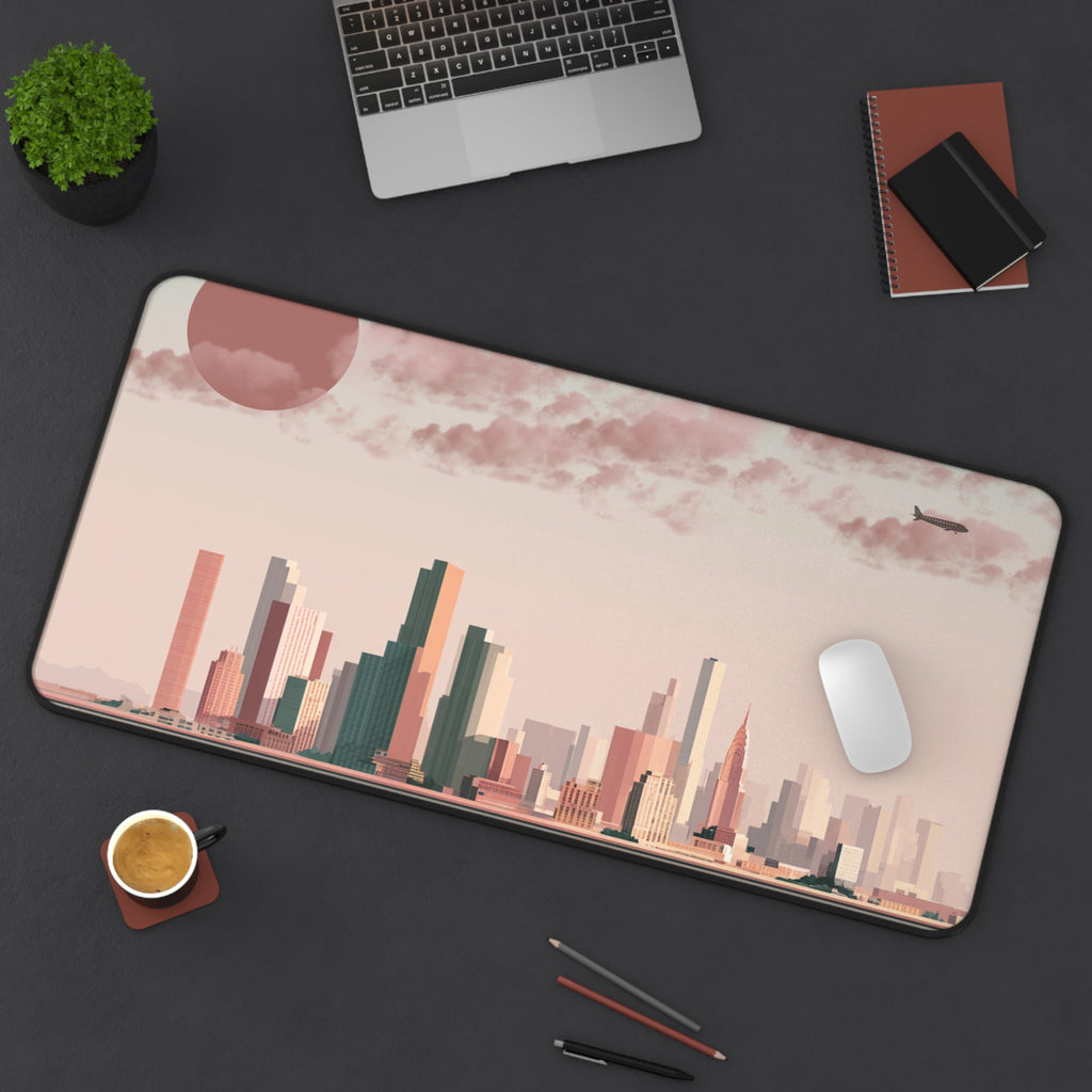 Sunset Cityscape Desk Mat | Modern Skyline Mouse Pad, Pastel Urban Art, Modern Workspace Desk Accessory, Calm Work From Home Decor