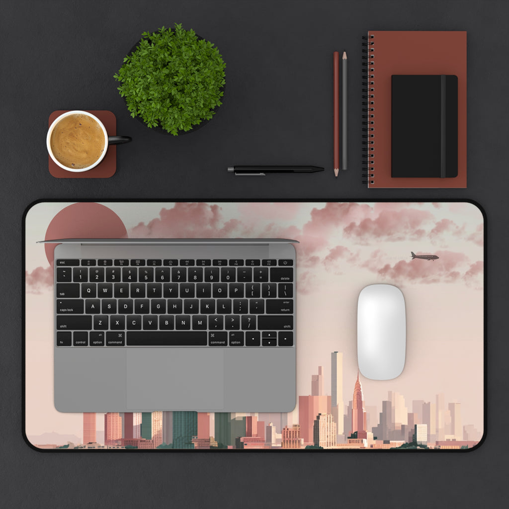 Sunset Cityscape Desk Mat | Modern Skyline Mouse Pad, Pastel Urban Art, Modern Workspace Desk Accessory, Calm Work From Home Decor