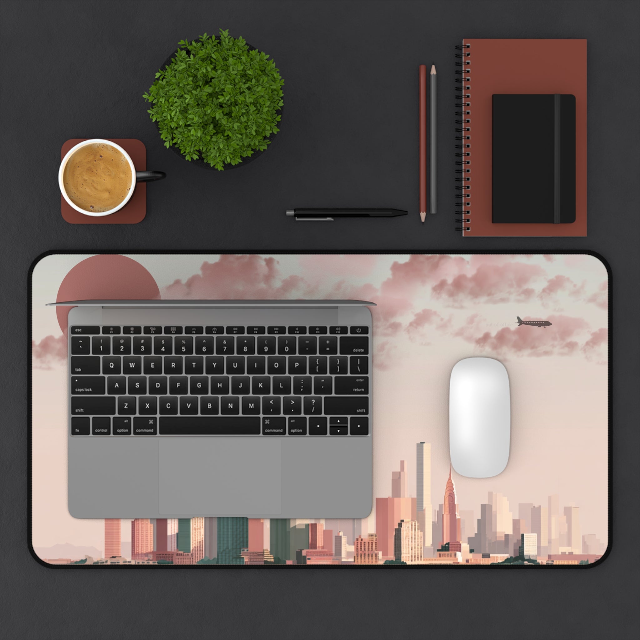 Sunset Cityscape Desk Mat | Modern Skyline Mouse Pad, Pastel Urban Art, Modern Workspace Desk Accessory, Calm Work From Home Decor