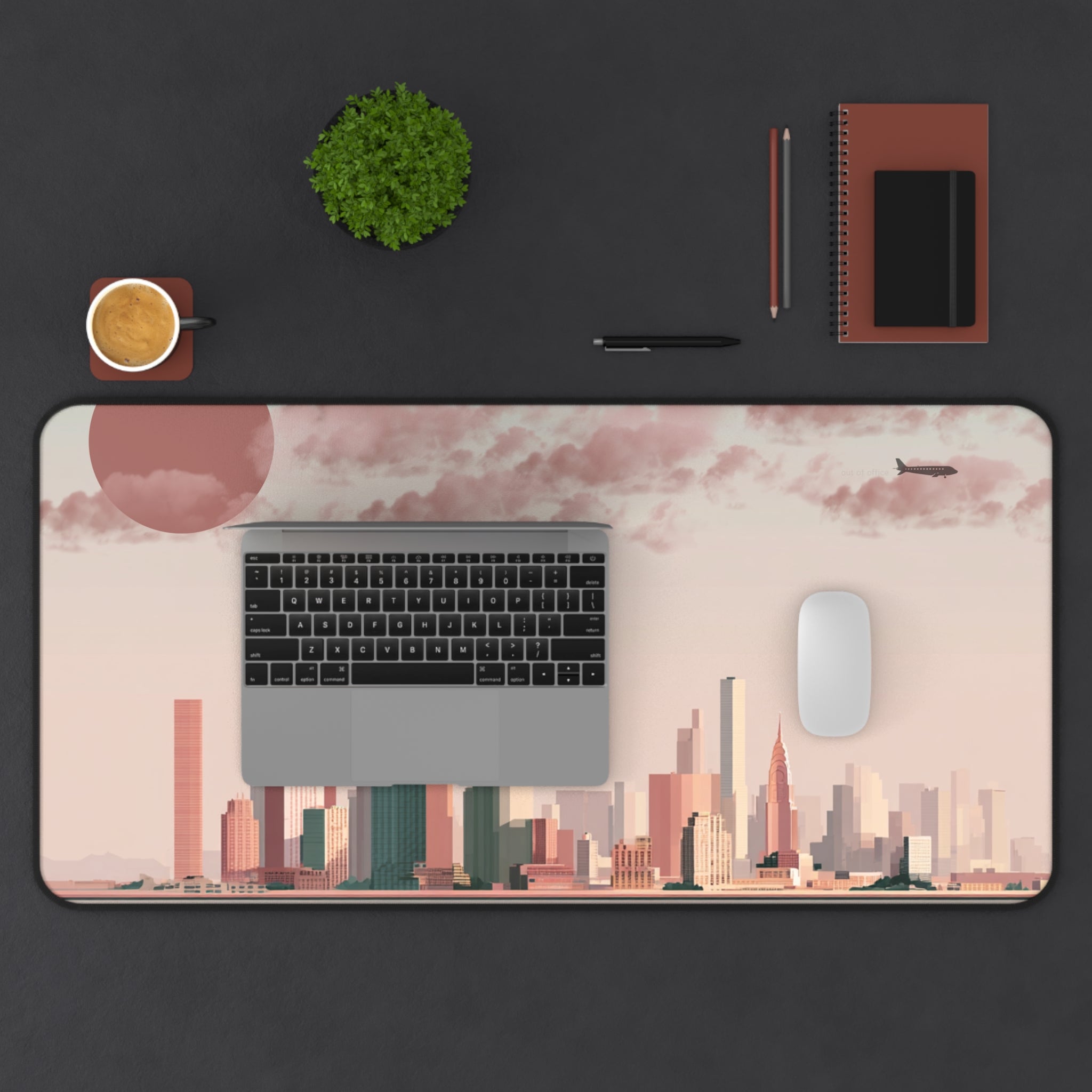 Sunset Cityscape Desk Mat | Modern Skyline Mouse Pad, Pastel Urban Art, Modern Workspace Desk Accessory, Calm Work From Home Decor