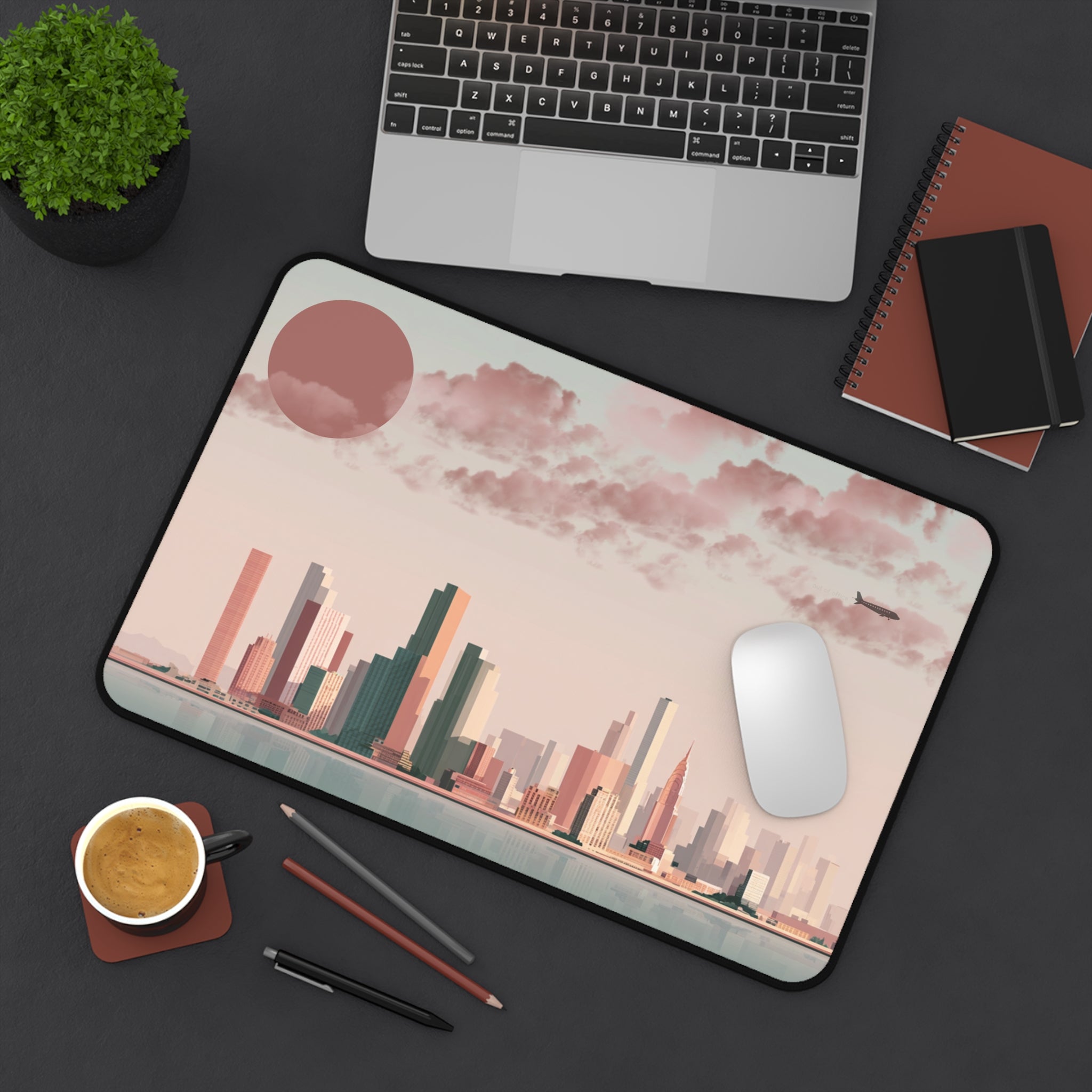 Sunset Cityscape Desk Mat | Modern Skyline Mouse Pad, Pastel Urban Art, Modern Workspace Desk Accessory, Calm Work From Home Decor
