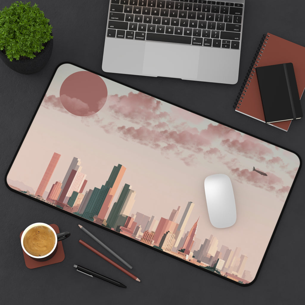Sunset Cityscape Desk Mat | Modern Skyline Mouse Pad, Pastel Urban Art, Modern Workspace Desk Accessory, Calm Work From Home Decor